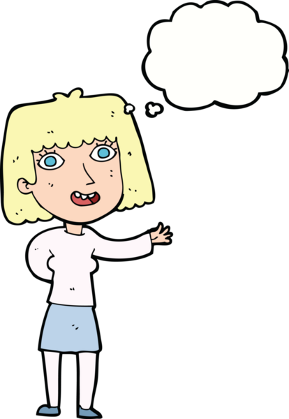 Karikatür dostu kadın bir insan tarafından çizilmiş düşünce balonuyla el sallıyor.