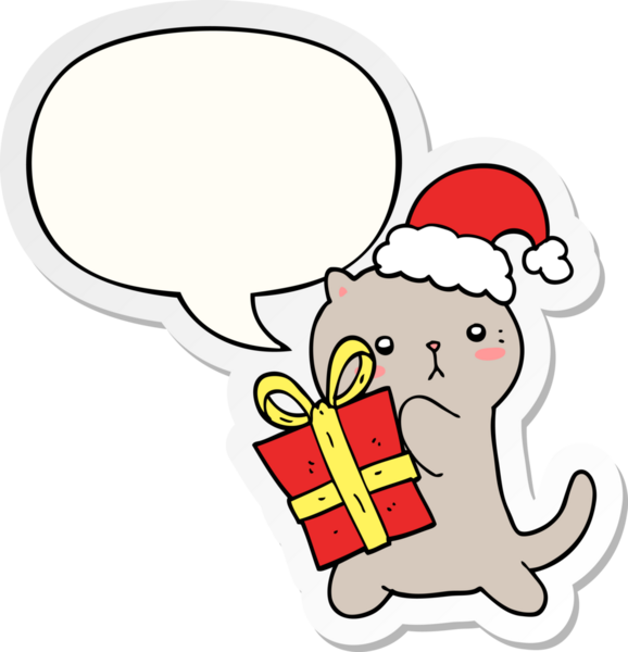 Bir insan tarafından çizilmiş balon çıkartmasıyla birlikte yanında Noel hediyesi taşıyan sevimli çizgi film kedisi.