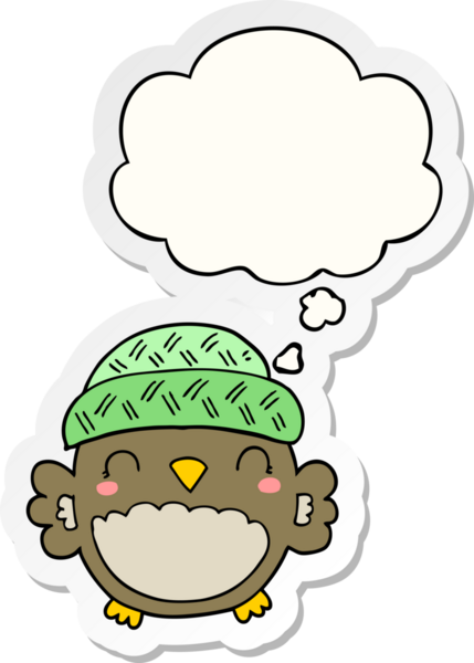 Düşünce baloncuklu şapkalı şirin baykuş bir insan tarafından çizilmiş bir çıkartma.