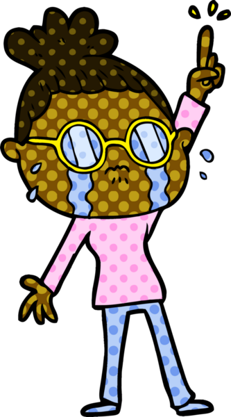 Bir insan tarafından çizilmiş gözlüklü, ağlayan bir kadın.