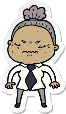 Çizgi film çıkartması. Bir insan tarafından çizilmiş yaşlı bir kadın.