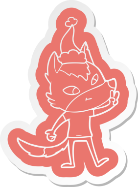 Dost canlısı çizgi film çıkartması. Bir insan tarafından çizilmiş Noel Baba şapkası takan bir kurt.