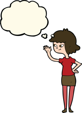 Çizgi film dostu kız bir insan tarafından çizilmiş düşünce balonuyla el sallıyor.