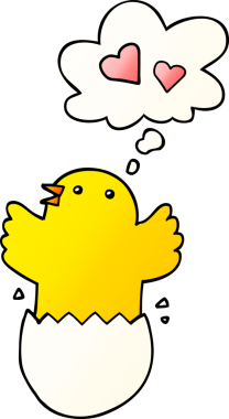 Düşünce baloncuğu olan, bir insan tarafından çizilmiş sevimli, yumurtadan çıkan yavru çizgi film.