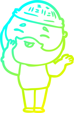 Bir insan tarafından çizilmiş, mutlu, sakallı, çizgi film karakteri.