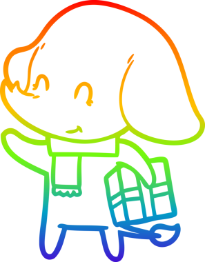 Gökkuşağı gradyan çizgisi bir insan tarafından çizilmiş şirin bir karikatür noel fili.