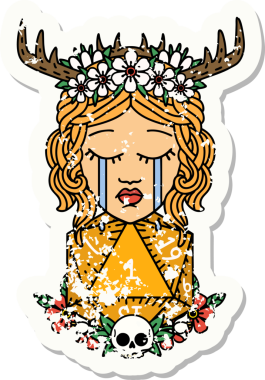 Ağlayan insan bir Druid 'in grunge çıkartması. Bir insan tarafından çizilmiş doğal bir D20 ruloyla.