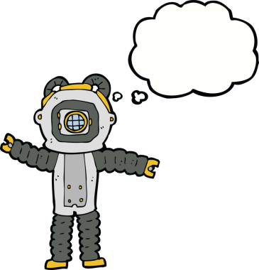 Bir insan tarafından çizilmiş düşünce balonlu derin deniz dalgıcı.