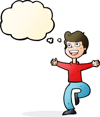 Bir insan tarafından çizilmiş düşünce baloncuğu olan heyecanlı çocuk.