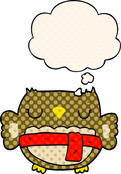 Bir insan tarafından çizilmiş çizgi roman tarzında düşünce baloncuğu olan çizgi film baykuşu