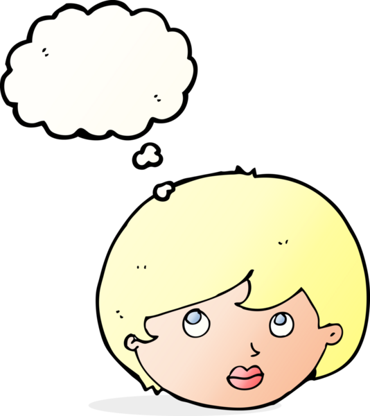 Bir insan tarafından çizilmiş düşünce baloncuğuyla yukarı bakan kadın yüzü.