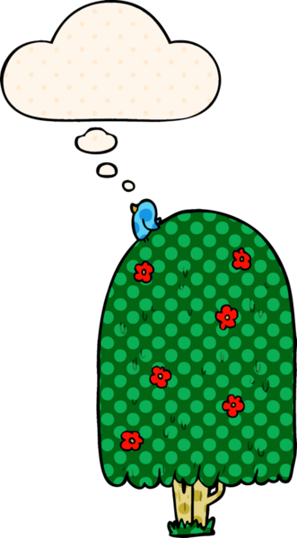 Çizgi roman tarzında bir insan tarafından çizilmiş düşünce baloncuğu olan çizgi film gibi uzun ağaç.