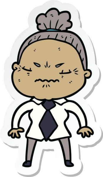 Çizgi film çıkartması. Bir insan tarafından çizilmiş yaşlı bir kadın.