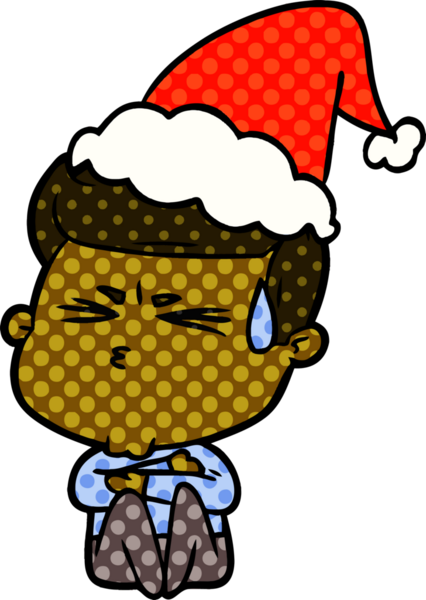 Bir insan tarafından çizilmiş Noel Baba şapkası giymiş terleyen bir adamın el çizimi çizgi roman çizimi.