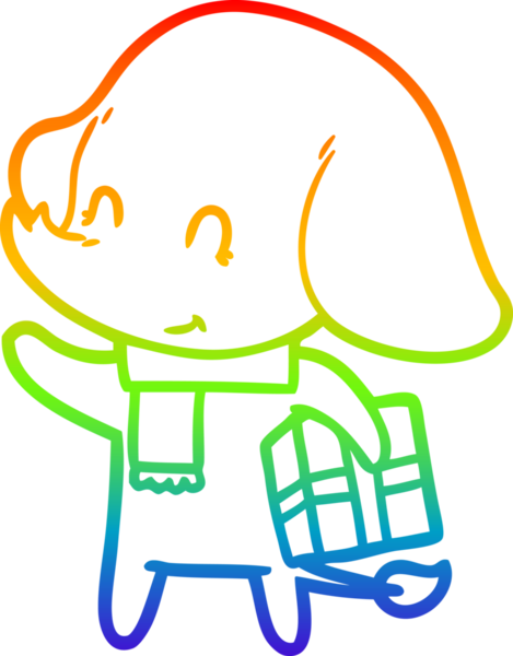 Gökkuşağı gradyan çizgisi bir insan tarafından çizilmiş şirin bir karikatür noel fili.