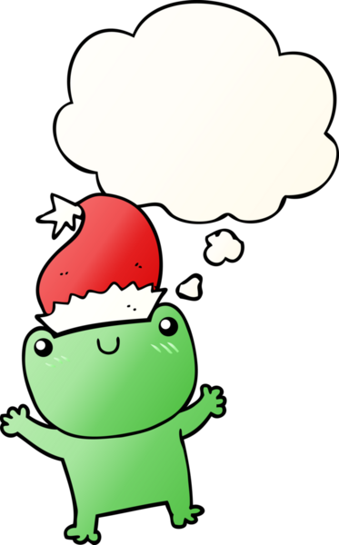 Bir insan tarafından çizilmiş düşünce baloncuklu Noel şapkası takan sevimli bir kurbağa.