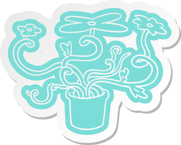 Bir insan tarafından çizilmiş çiçek bitkisinin karikatür etiketi.