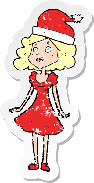 Bir insan tarafından çizilmiş noel için giyinmiş bir karikatür kadının gerilmiş çıkartması.