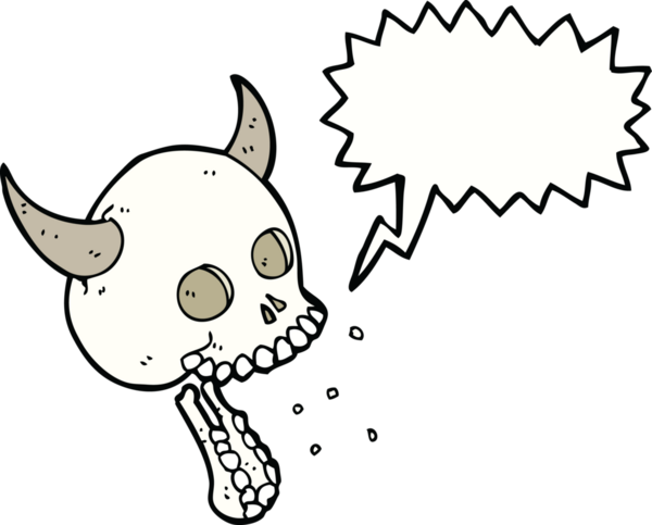 Bir insan tarafından çizilmiş konuşma baloncuğu olan karikatürümsü kafatası.