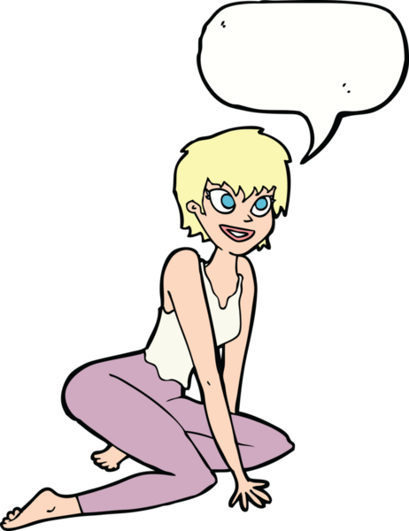 Bir insan tarafından çizilmiş konuşma baloncuğuyla yerde oturan mutlu bir kadın.