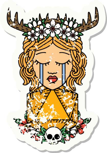 Ağlayan insan bir Druid 'in grunge çıkartması. Bir insan tarafından çizilmiş doğal bir D20 ruloyla.