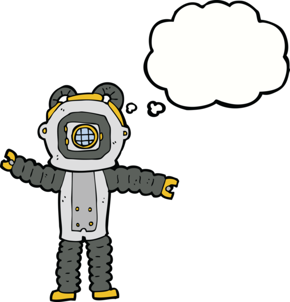 Bir insan tarafından çizilmiş düşünce balonlu derin deniz dalgıcı.