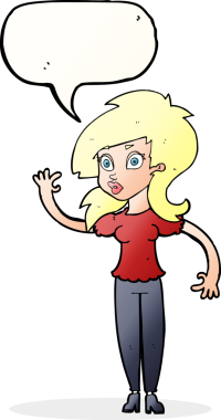 Bir insan tarafından çizilmiş konuşma balonuyla el sallayan güzel bir kadın.