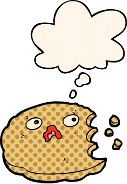 Çizgi roman tarzında düşünce baloncuğu olan ısırılmış bir kurabiye.