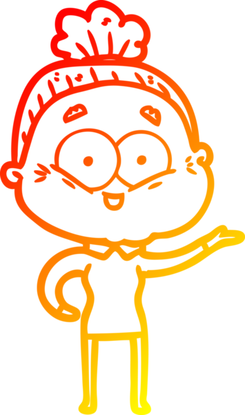 Bir insan tarafından çizilmiş mutlu, yaşlı bir kadının sıcak çizgi çizimi.