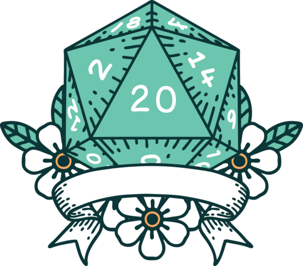 Retro Dövme Biçimi Doğal 20 kritik vuruş D20 zar bir insan tarafından çizildi