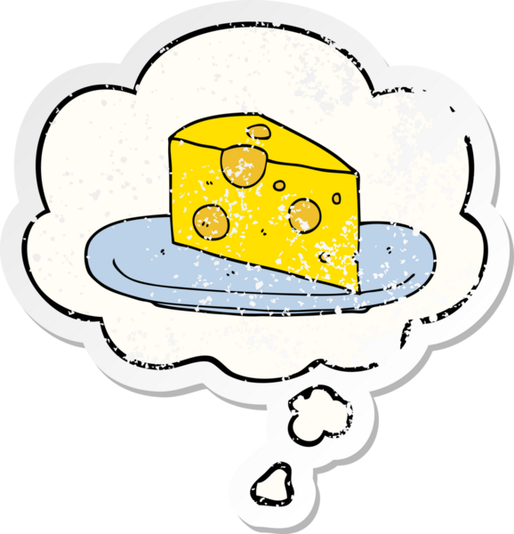 Düşünce baloncuklu çizgi film peyniri insan tarafından çizilmiş yıpranmış bir çıkartma gibi.