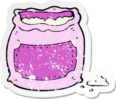 Bir insan tarafından çizilmiş pembe renkli bir un torbasının gerilimli retro etiketi.