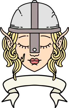 Retro Dövme Tarzı Elf Savaşçı karakteri yüzü Bir insan tarafından çizilmiş pankartıyla