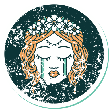 İkonik sıkıntılı dövme stili üçüncü gözü ve bir insan tarafından çizilmiş çiçek taçlı kadın yüzü.