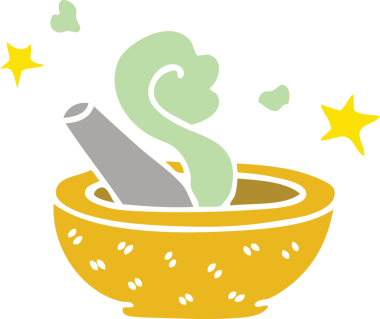 Bir insan tarafından çizilmiş tuhaf çizgi film sihirli tokmak ve havan topu.