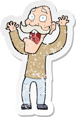 Çizgi filmin gerilimli retro yapıştırması. Yaşlı bir adam bir insan tarafından çizilmiş.