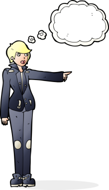 Deri ceketli karikatür kadın bir insan tarafından çizilmiş düşünce balonuyla işaret ediyor.