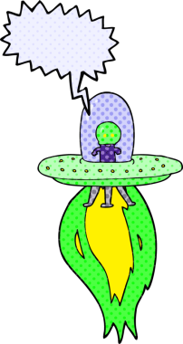 Bir insan tarafından çizilmiş serbest çizilmiş çizgi roman konuşma balonu uçan daire.