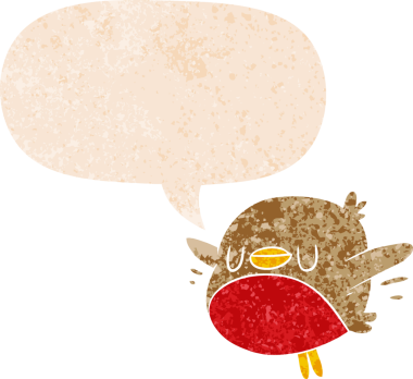 çizgi film noel robin konuşma balonu ile grunge sıkıntılı retro dokuma tarzı bir insan tarafından çizilmiş