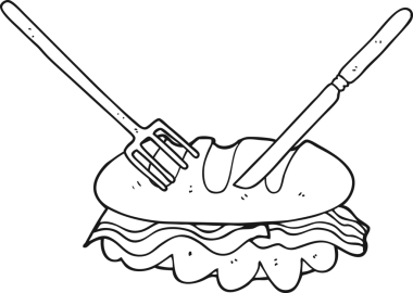 El yazısıyla çizilmiş siyah beyaz çizgi film bıçağı ve çatal bir insan tarafından çizilmiş kocaman bir sandviç.