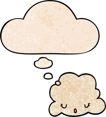 Bir insan tarafından çizilmiş grunge doku tarzında düşünce baloncuğu olan sevimli çizgi film bulutu.