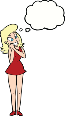 Bir insan tarafından çizilmiş düşünce baloncuğu olan heyecanlı bir kadın.