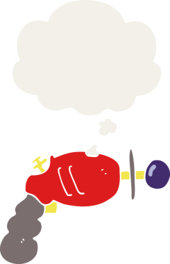 Düşünce baloncuklu çizgi film ışın tabancası insan tarafından çizilmiş.