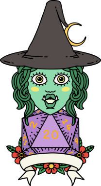 Retro Dövme Biçimi Bir insan tarafından çizilmiş doğal 20 zarlı yarı ork cadı karakteri