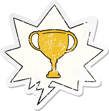 Bir insan tarafından çizilmiş, sıkıntılı, eski bir çıkartma olan, konuşma baloncuklu çizgi film spor kupası.