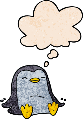 Bir insan tarafından çizilmiş grunge desenli düşünce baloncuklu penguen çizgi filmi.