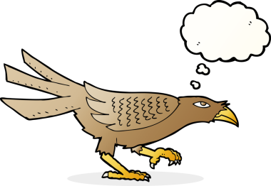 Bir insan tarafından çizilmiş düşünce baloncuklu çizgi film kuşu.