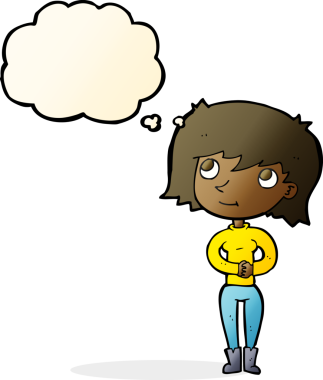 Bir insan tarafından çizilmiş düşünce baloncuğu olan çizgi film dostu kadın.