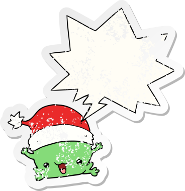 Konuşma baloncuğu olan şirin bir çizgi roman kurbağası. Bir insan tarafından çizilmiş sıkıntılı eski bir çıkartma.