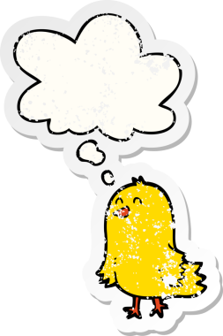 Düşünce baloncuğu olan çizgi film kuşu insan tarafından çizilmiş yıpranmış bir çıkartma gibi.